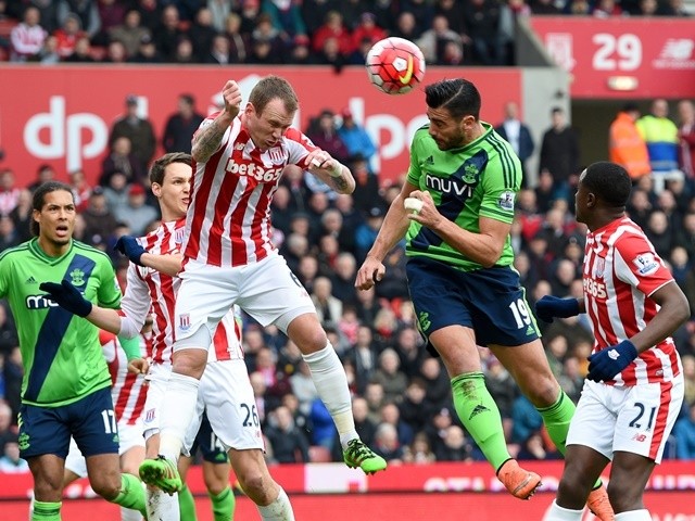 Graziano Pelle scores with a header in the Premier League match between Stoke City and Southampton on March 12, 2016