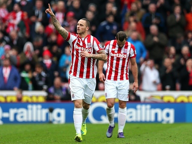 Marko Arnautovic celebrates scoring his side's first goal in the Premier League match between Stoke City and Southampton on March 12, 2016