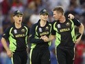 Adam Zampa, Steve Smith and James Faulkner of Australia celebrate victory against Pakistan on March 25, 2016