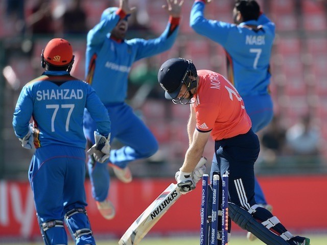 Eoin Morgan reacts after losing his wicket during the World Twenty20 match between England and Afghanistan on March 23, 2016