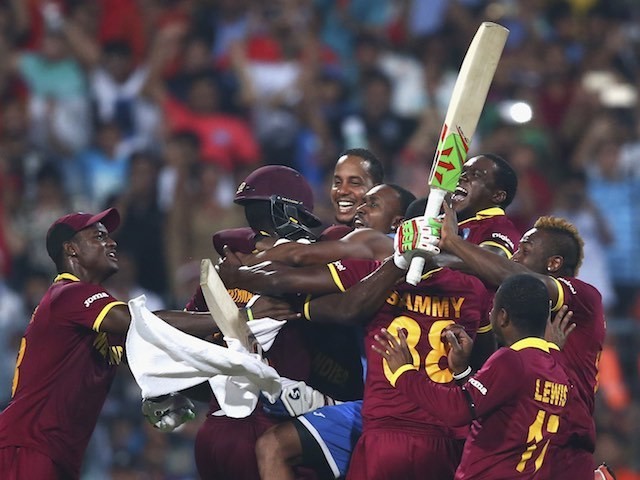 Windies players celebrate victory following the World Twenty20 final between England and the West Indies at Eden Gardens on April 3, 2016