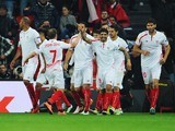 Timothee Kolodziejczak celebrates scoring with teammates during the Europa League quarter-final between Athletic Bilbao and Sevilla on April 7, 2016