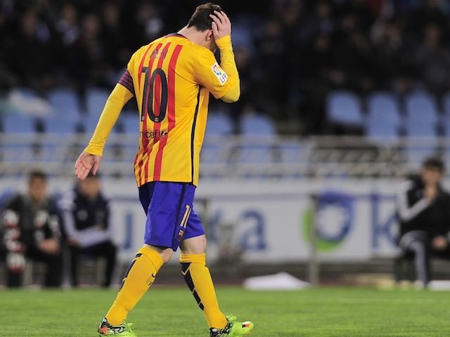 Lionel Messi looks disappointed during the La Liga game between Real Sociedad and Barcelona on April 9, 2016