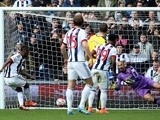 Saido Berahino sees his penalty saved by Heurelho Gomes during the Premier League match between West Bromwich Albion and Watford on April 16, 2016