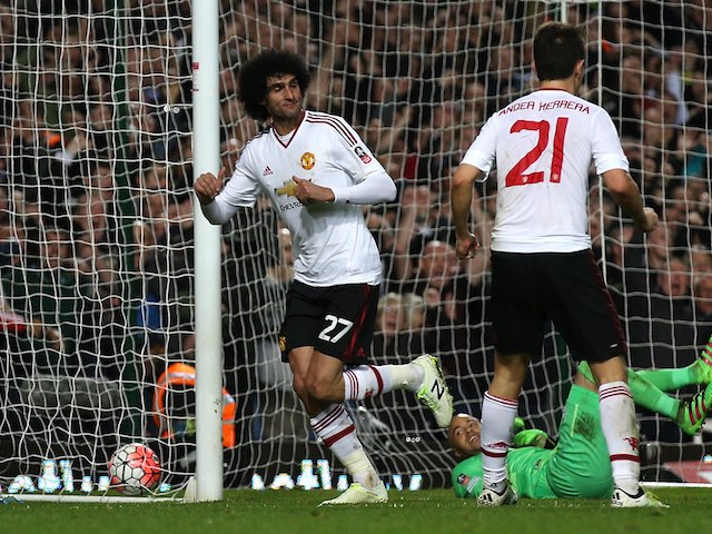 Marouane Fellaini celebrates scoring during the FA Cup replay between West Ham United and Manchester United on April 13, 2016