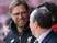 Jurgen Klopp greets Rafael Benitez during the Premier League game between Liverpool and Newcastle United on April 23, 2016