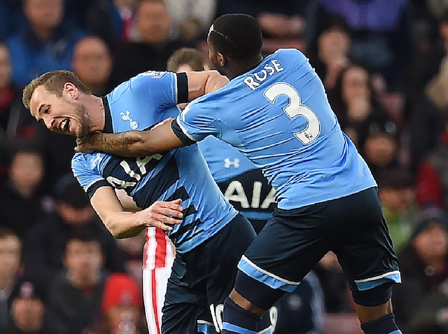 Harry Kane is strangled after scoring during the Premier League game between Stoke City and Tottenham Hotspur on April 18, 2016