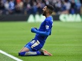 Riyad Mahrez celebrates scoring the opening goal during the Premier League match between Leicester City and Swansea on April 24, 2016