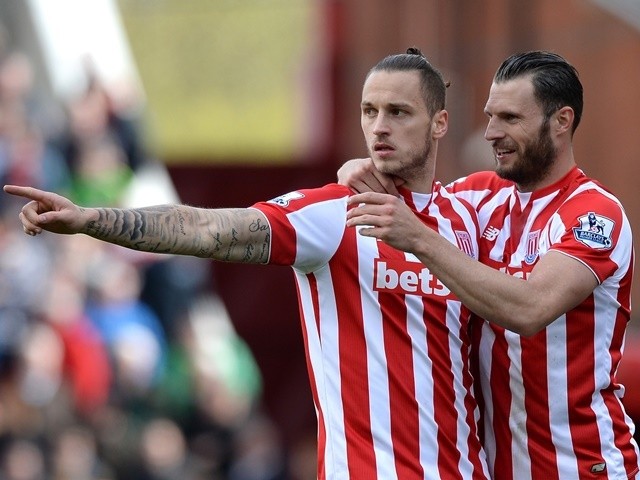 Marko Arnautovic celebrates scoring his side's first goal during the Premier League match between Stoke City and Sunderland on April 30, 2016
