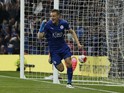 Jamie Vardy celebrates scoring during the Premier League game between Leicester City and Everton on May 7, 2016