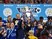 Claudio Ranieri and his Leicester City players celebrate with the Premier League trophy on May 7, 2016