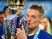 Leicester City striker Jamie Vardy kisses the Premier League trophy on May 8, 2016