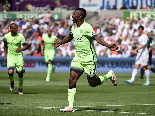 Kelechi Iheanacho celebrates scoring during the Premier League game between Swansea City and Manchester City on May 15, 2016