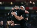 Malakai Fekitoa celebrates with Israel Dagg for his try during the international Test match between New Zealand and Wales at Westpac Stadium on June 18, 2016