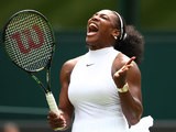 Serena Williams of The United States reacts during the Ladies Singles first round match against Amra Sadikovic of Switzerland on day two of the Wimbledon Lawn Tennis Championships at the All England Lawn Tennis and Croquet Club on June 28, 2016 in London,
