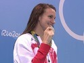 Jazz Carlin poses with her silver medal after the 800m freestyle final at the Rio Olympics on August 12, 2016