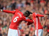 Paul Pogba and Jesse Lingard celebrate during the game between Manchester United and Leicester City on September 24, 2016