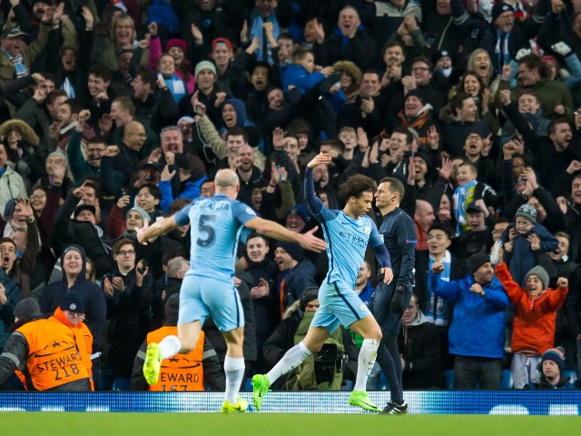 Manchester City winger Leroy Sane celebrates after scoring during the Champions League last 16 first leg against AS Monaco at the Etihad Stadium on February 21, 2017