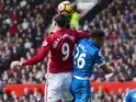 Zlatan Ibrahimovic clashes with Tyrone Mings during the Premier League game between Manchester United and Bournemouth on March 4, 2017