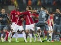 Manchester United's Eric Bailly and Celta Vigo's Facundo Roncaglia come to blows before being sent off in the Europa League semi-final on May 11, 2017