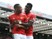 Anthony Martial celebrates with Paul Pogba during the Premier League game between Manchester United and West Ham United on August 13, 2017