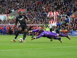 Romelu Lukaku scores his side's second during the Premier League game between Stoke City and Manchester United on September 9, 2017